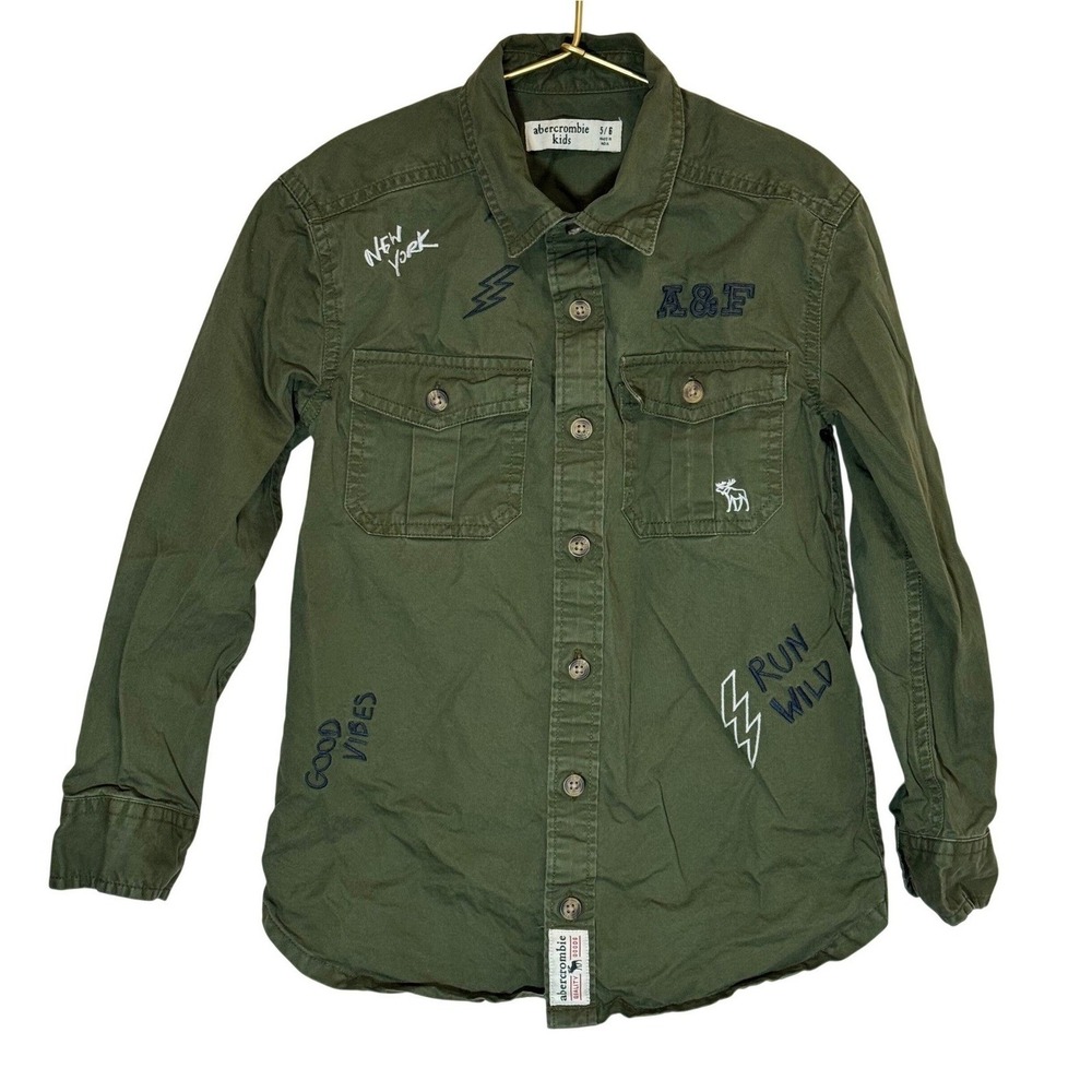 Abercrombie Kids Boys 5/6 Green Graphic Button Shirt Moose Embroidered A&F